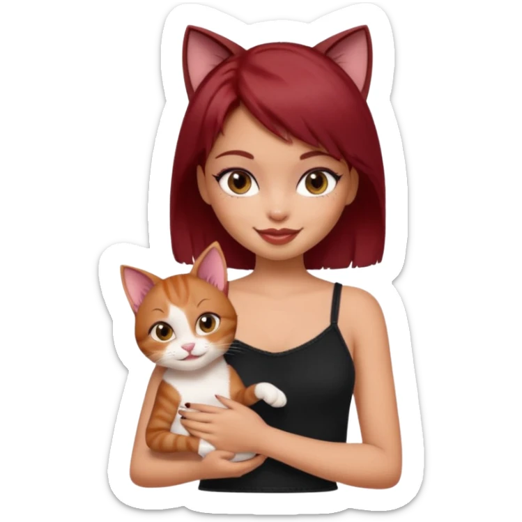 generate a pretty fair bratz girl with short dark red hair holding a cat smiling. Wearing a black cami sticker
