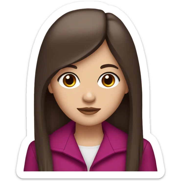 white girl with brown eyes, long straight dark brown hair, curtain bangs, and a magenta jacket sticker
