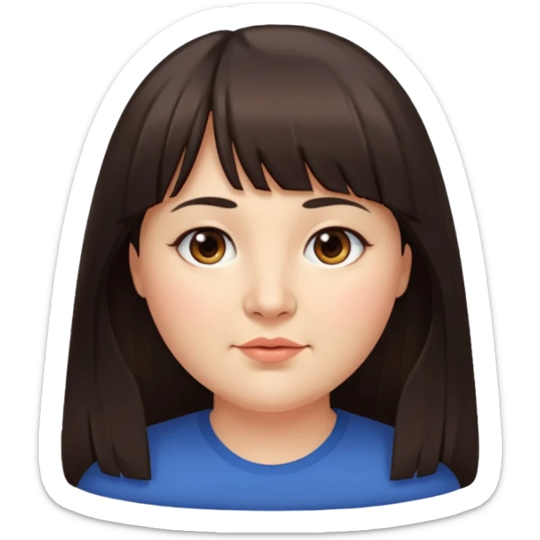 40 yr old woman, long hair down back, very small brown eyes, long hair, straight dark brown hair, bangs, chubby, long face sticker