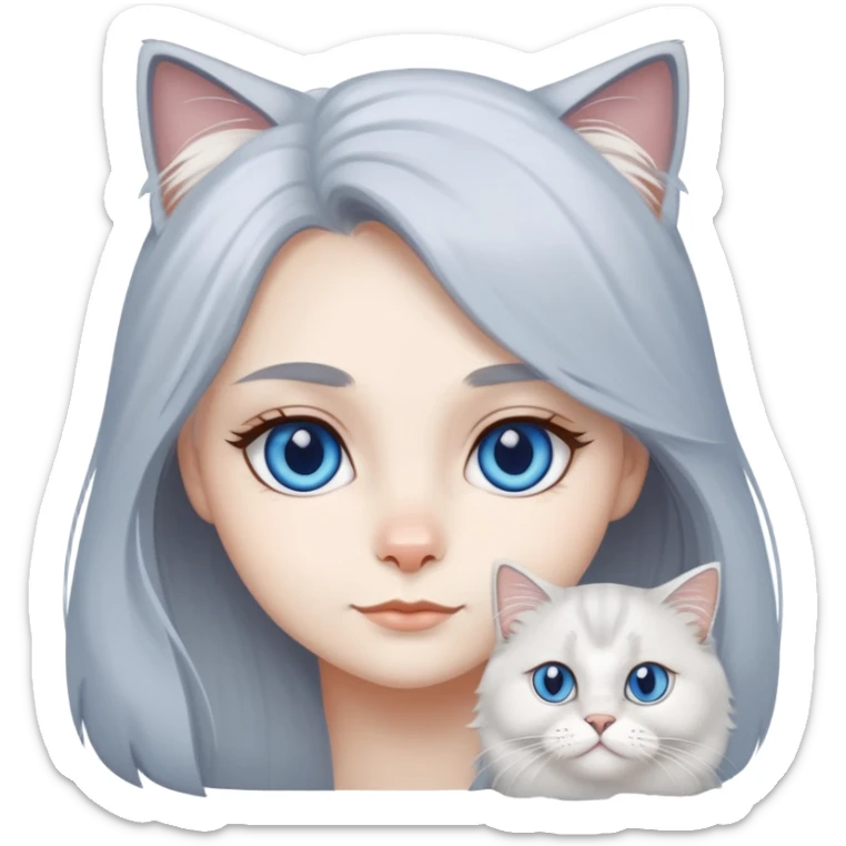 gray hair girl with white blue eye British Longhair cat sticker