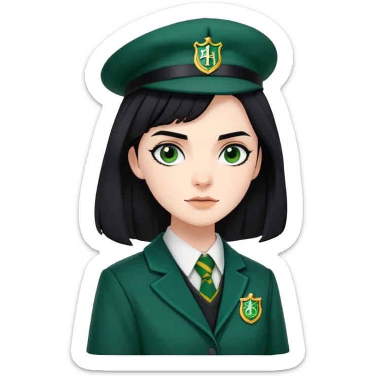 genevieve gaunt is Pansy Parkinson in harry potter, wear hogwarts slytherin uniform, black hair, not wearing hat sticker