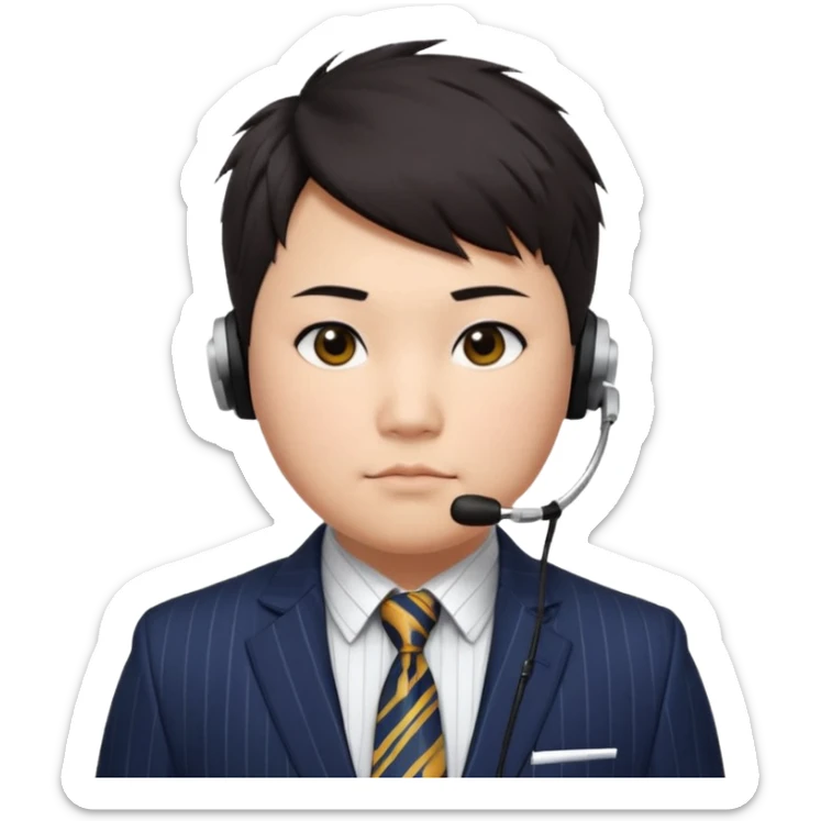 full kind of chubby face, very asian, short dark hair styled upward with a spiked swoop in front, a clean-shaven face, focused eyes, and a slim headset over one ear, wearing a dark pinstripe suit with a patterned dress shirt and a bright solid-colored tie visible from the chest up. sticker