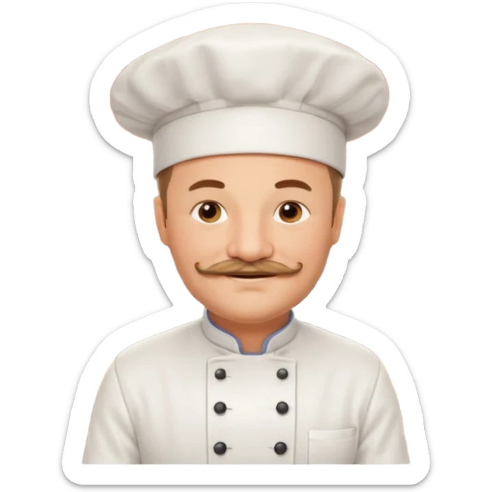 Est-ce que tu peux me faire un chef cuistot qui ressemble à Philippe Etchebest et qui est devant un restaurant? Est-ce que tu peux le faire souriant, avec une moustache de cuistot? 
 sticker