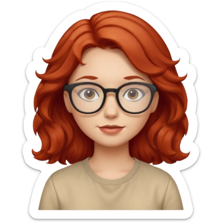 girl wear glasses, wavy red hair, beige shirt\ sticker