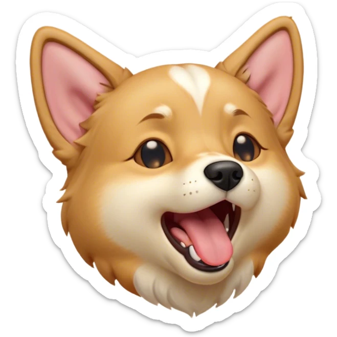 Cinematic Cute Yawning Domestic Dog Portrait Emoji, Head tilted slightly with a dramatic, wide-open yawn, showcasing a plush, inviting coat with gently drooping ears and half-closed, drowsy eyes, Simplified yet irresistibly adorable features, highly detailed, glowing with a soft, cozy glow, high shine, relaxed yet expressive, stylized with a dash of playful whimsy, soft glowing outline, capturing the essence of a sleepy yet affectionate dog that seems ready to stretch out for a nap! sticker