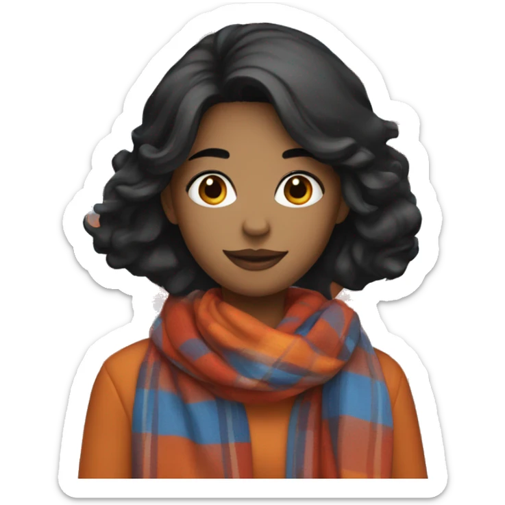 woman with black hair wearing an orange, blue, red, plaid scarf sticker