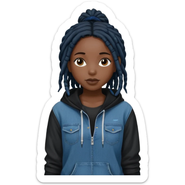 make a black girl with short pitch black locs wearing a denim hoodie with black sleeves sticker