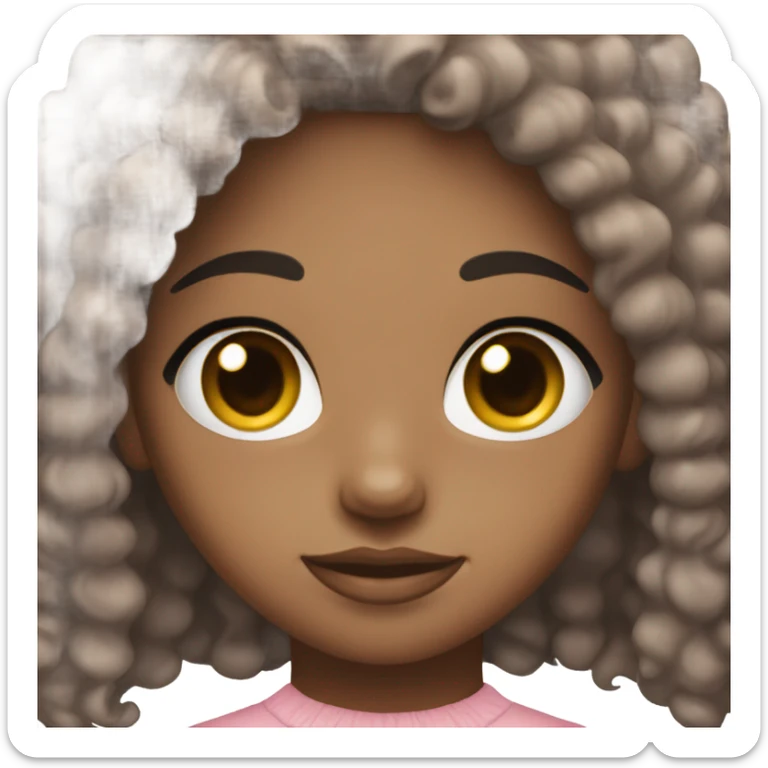 Girl with brown eyes, dark skin, and long black curly hair wearing light pink sticker