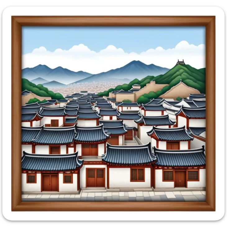 Cinematic Realistic Bukchon Hanok Village Landmark Emoji, depicted with traditional Korean houses set against a scenic backdrop rendered with detailed textures and warm, inviting lighting. sticker