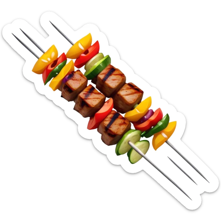 Cinematic Realistic Shish Kebab Dish Emoji, showcasing skewered, grilled meat with vibrant vegetables rendered with dynamic textures and warm, inviting lighting. sticker