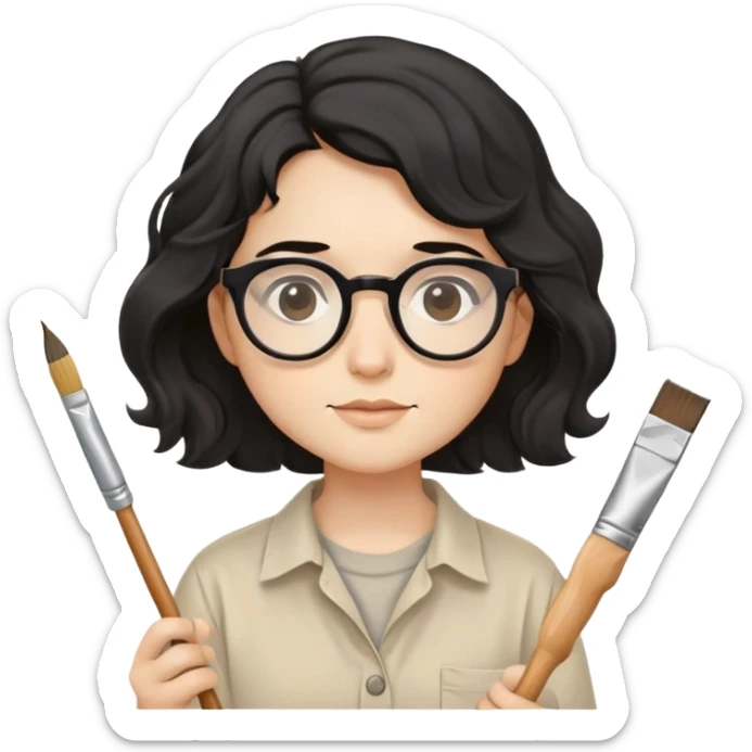 Artist with wavy black hair, round glasses, beige painter's shirt, square paintbrush in hand sticker
