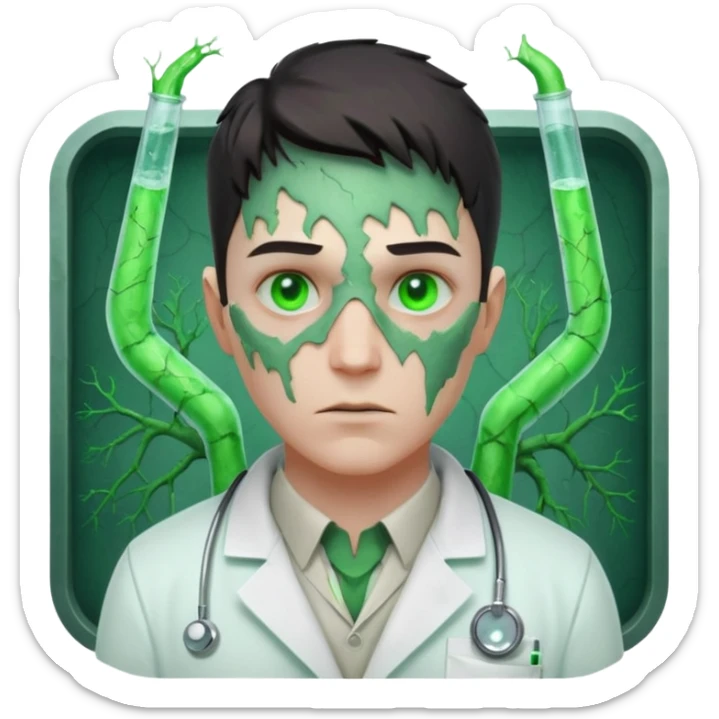 laboratory mutant portrait, head and shoulders only, glowing green veins, torn lab coat collar, mutated eyes, sci-fi experiment vibe, 3D cartoon, mobile game icon style, clean background, no text, no watermark

 sticker