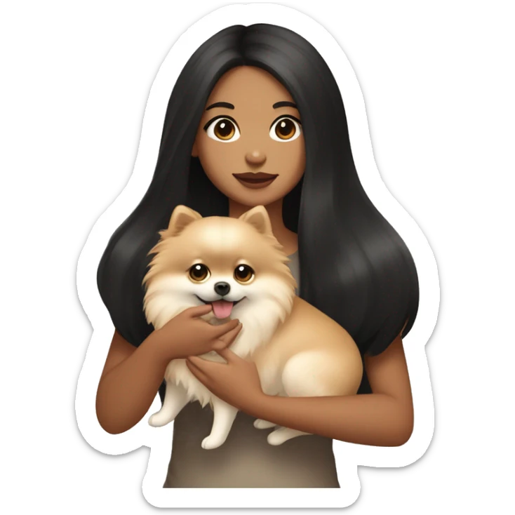 A girl with long black hair, light brown eyes, big lips, fair skin, holding a light pomeranian in her hands sticker