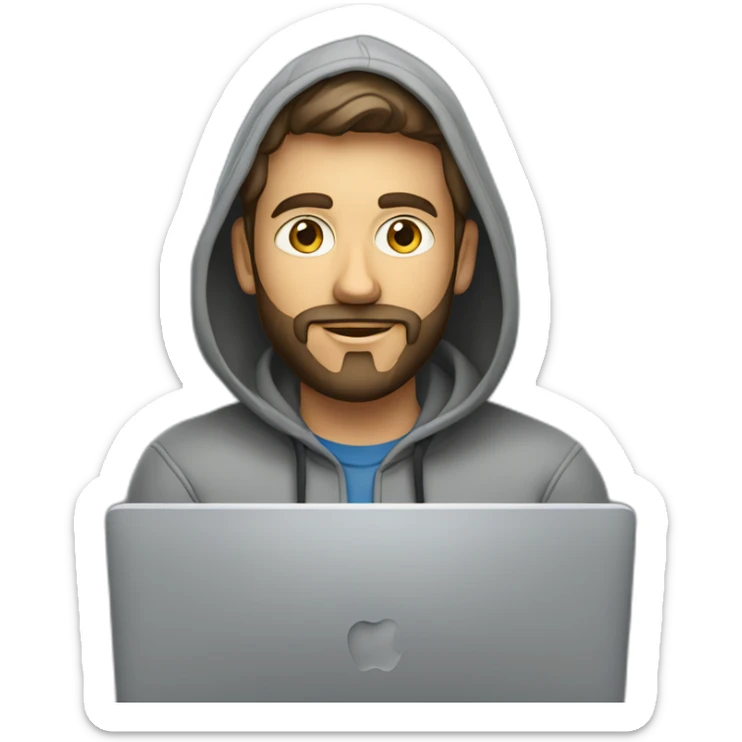 A project manager in a gray hoodie and with a short beard in front of an apple laptop sticker