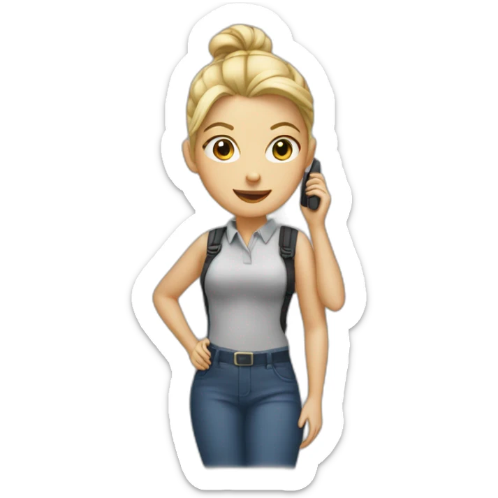 girl with her blonde hair in a bun and a walkie talkie sticker
