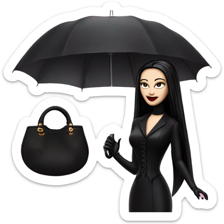 Fun Morticia Addams at a rainy funeral holding umbrella. funeral mask,gloves, small purse.Gal on the Go Barbie  sticker