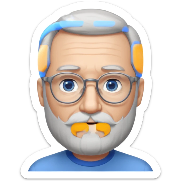 Create me an emoji of an old man. Gray short size hair. Gray full beard. Squarer Glasses. Blue eyes. Little smile sticker
