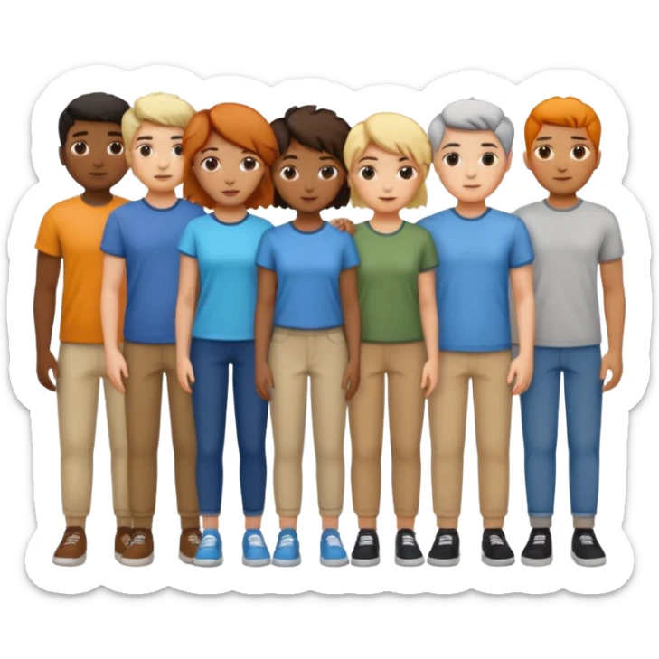 14 personagens de diferentes tons de pele e estilos de cabelo, vestindo roupas casuais em diferentes cores, todos agrupados lado a lado sticker
