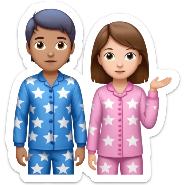 Brown haired boy with blue pajamas with stars on them and a brown haired girl with pink pajamas, and stars on them sticker