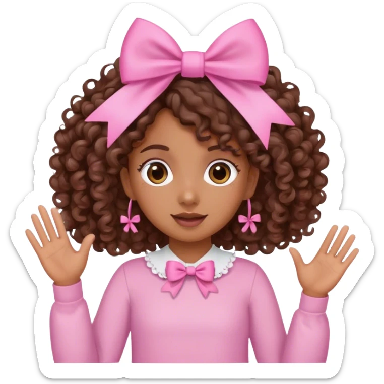 brown girl with brown curly hair and bows in her hair waving wearing pink sticker
