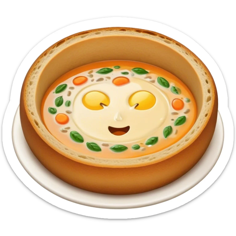 Żurek Cinematic Realistic Żurek Soup Dish Emoji, depicted as a tangy rye soup served inside a hollowed-out round loaf of bread, rendered with rich textures and dynamic, comforting lighting. sticker