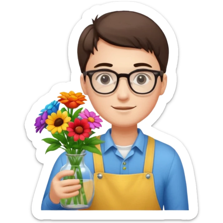 Young male florist – wearing glasses, arranging flowers in a vase. sticker