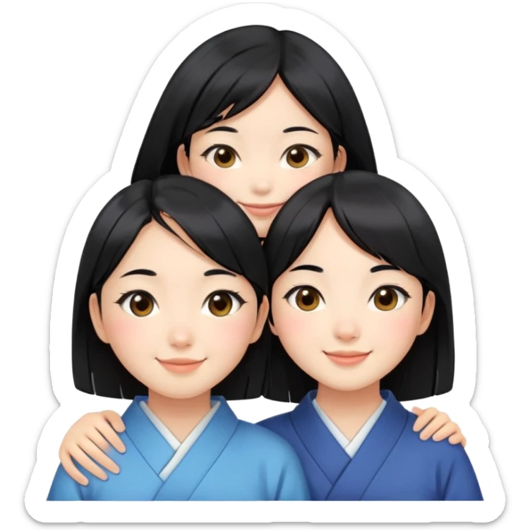 Two cute Japanese girls with straight black hair and East Asian features, faces pressed together cheek to cheek, smiling happily sticker