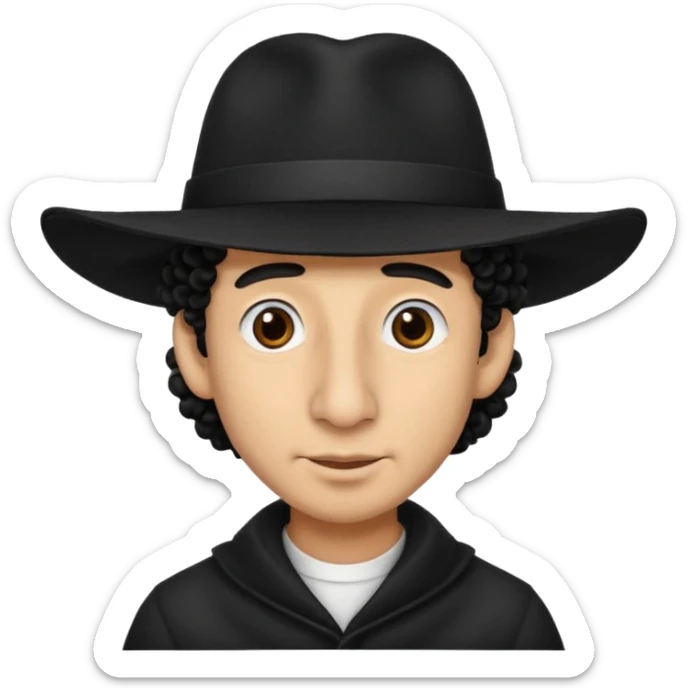 A man with a big nose and a black hat like a top hat but round and all black, with a strand of curly hair coming out from both sides of the hat sticker