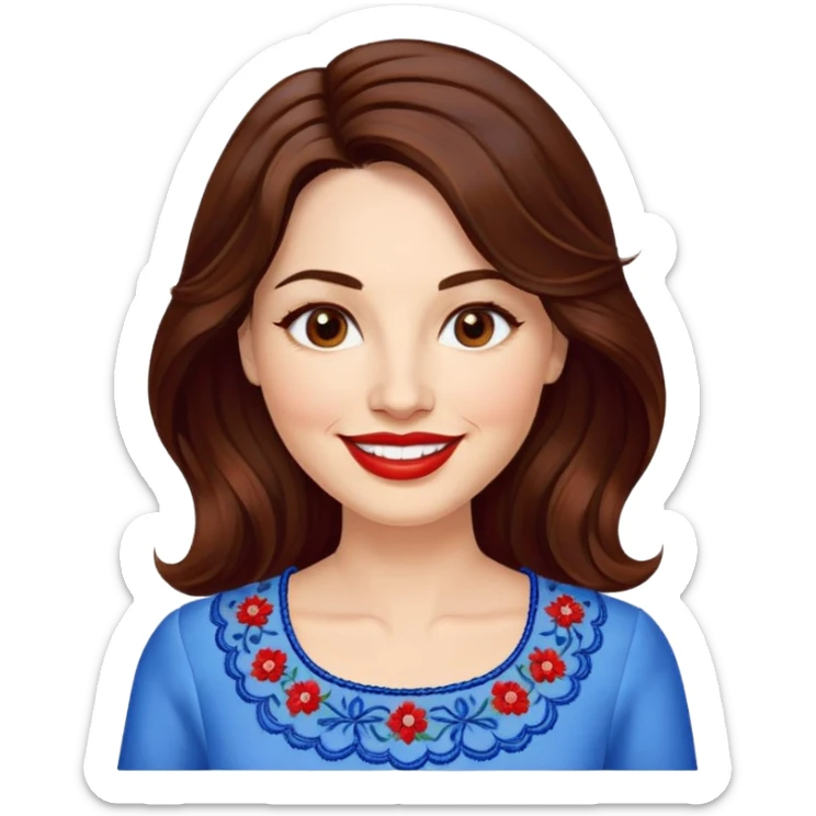 40-year-old woman with luminous fair skin, round face, wide smile, large light brown eyes, vibrant red lips, shoulder-length dark brown wavy hair, wearing white blouse with blue embroidery and electric blue neckline, mature but youthful appearance sticker