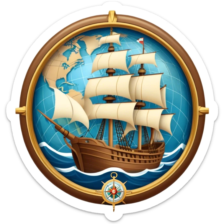Icon for Historical Movies: Age of Great Geographical Discoveries. A vintage movie poster-style design with a sailing ship, a compass, and a globe. Include explorers with maps, sea waves, and distant lands in the background. Retro cinematic style. Transparent background. sticker