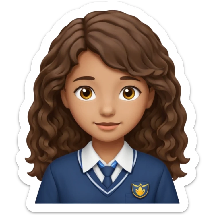 Quiero a una persona morena no tan morena , que sea una adolescente , que lleve uniforme escolar , con un pelo ondulado pero que sea negro castaño,pero no regido , pero que tenga una sonrisa suave, pero que este con un fondo blanco. Pero no tan ondulado tirando para liso y un poco largo sticker