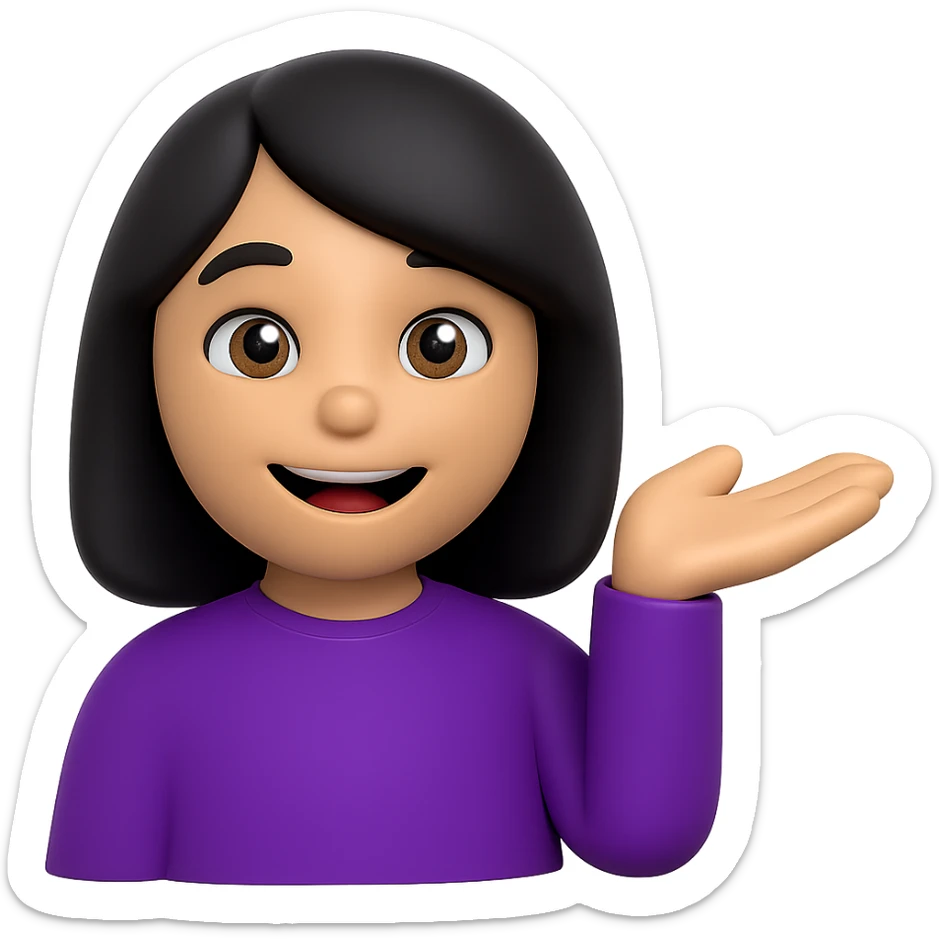 Recreate the woman emoji in Microsoft style 3D fluent emoji style. She has black hair and is wearing a purple shirt, in the same pose as the reference image. The background should be transparent. sticker