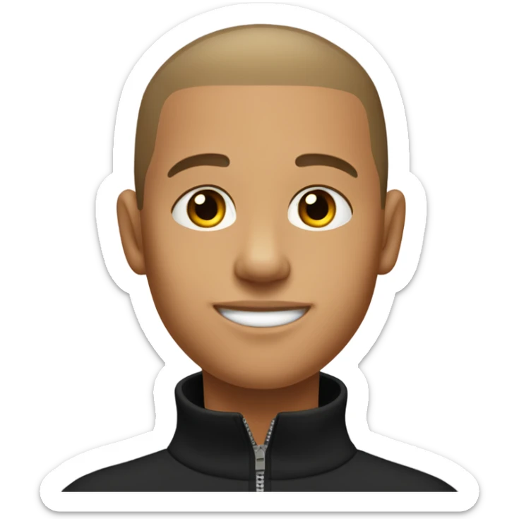 boy with very light brown skin, buzz cut, no facial hair, wearing a smart black quarter zip jumper with white t shirt underneath. sticker