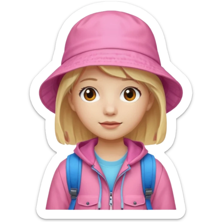 A student white skin, blonde hair, with pink bucket hat, orange jacket, blue backpack sticker
