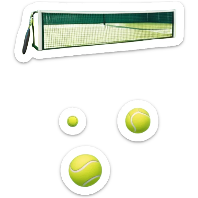 grass tennis court, with the lines of the court clearly with visible in the background. A tennis racket and ball/ The scene captures the essence of the sport, highlighting the equipment and the vibrant, open atmosphere of a tennis match sticker