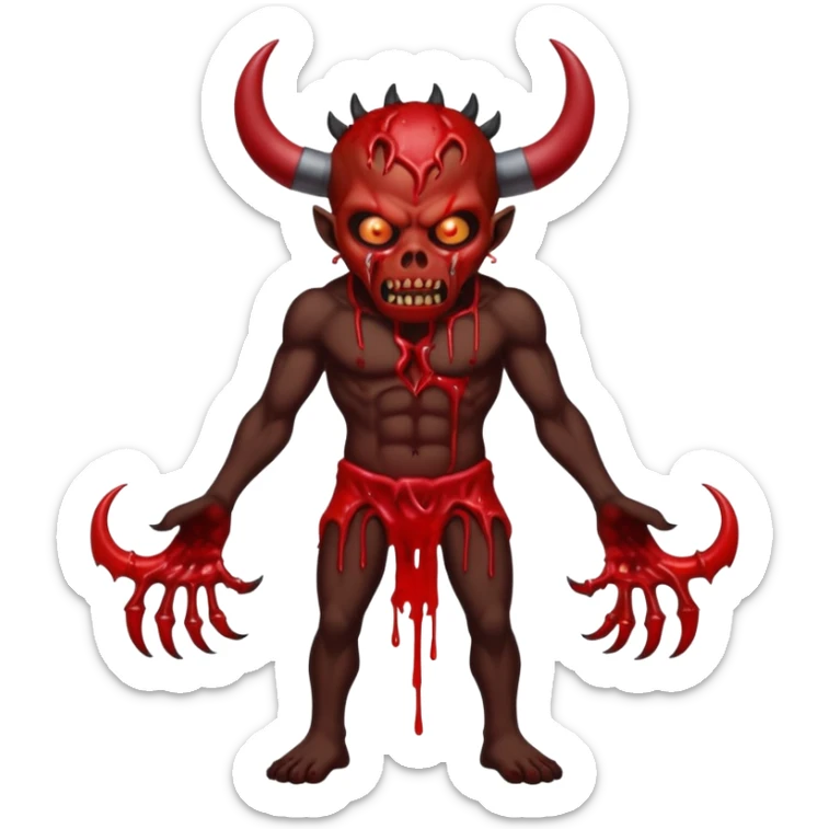 A demon covered in blood and guts whose been shot in the head and body, in the style of your bleeding skull art. Dark gritty and menacing art style. full body sticker