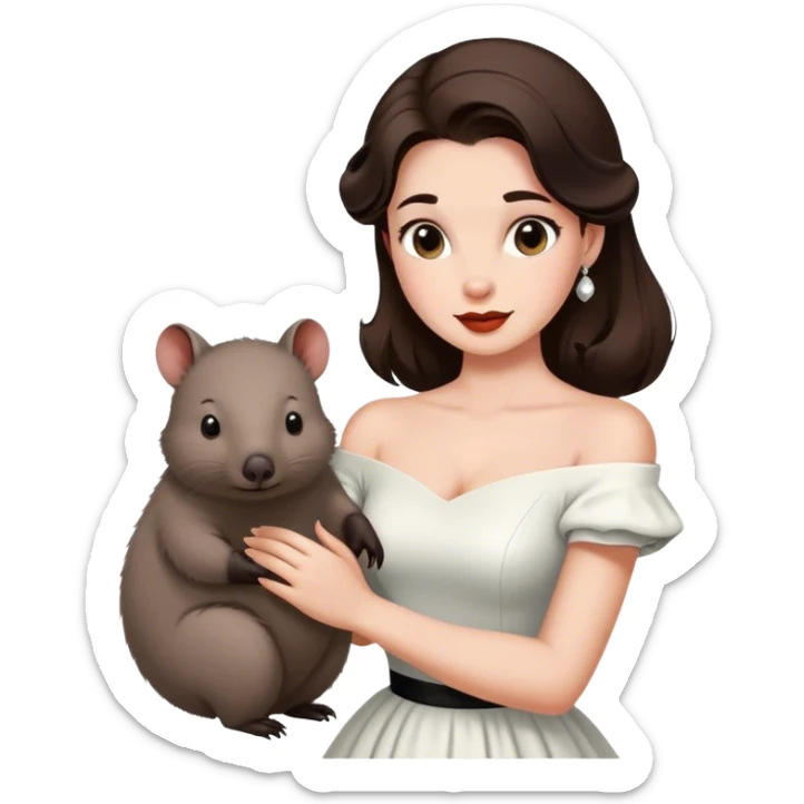 Beautiful woman in 1950’s woman fashion look, off-shoulder white dress, long dark brown hair, wombat sticker