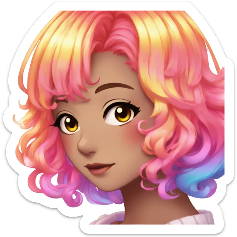 Gorgeous anime style shojo character with blushing face aesthetic and pretty colorful shiny gradient neon rainbow hair with hair garment trending style sticker