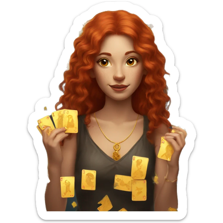 red hair beautiful girl with brown tarot gold cards sticker