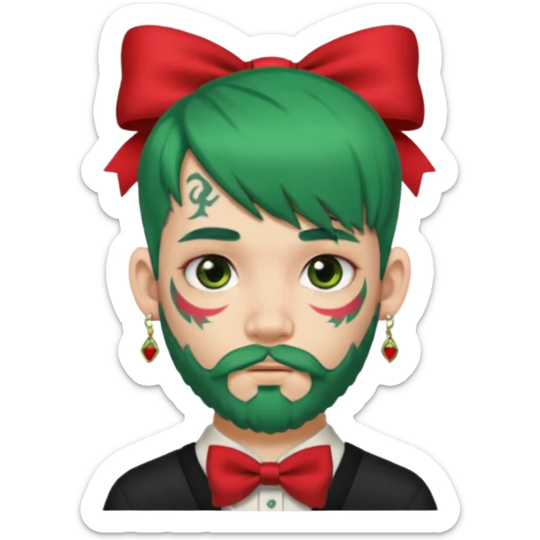 boy with bangs and green hair and red hairbow on side and earrings and very heavy face tattoos and beard sticker