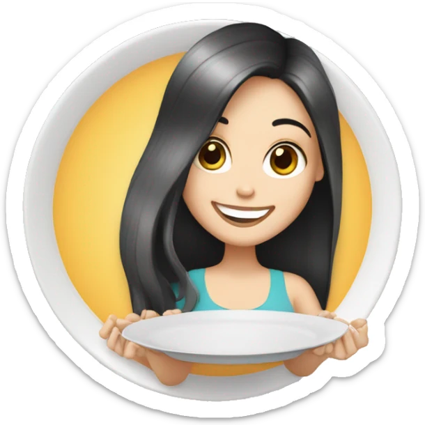 white girl with long black hair smiling and holding a plate sticker