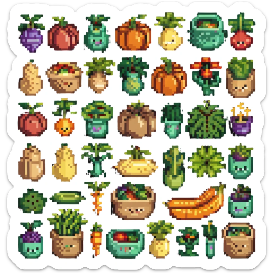 Pixel art of dietary fiber showing whole grains, vegetables, fruits and legumes connected by fiber strands, with an intestine character showing improved digestion sticker