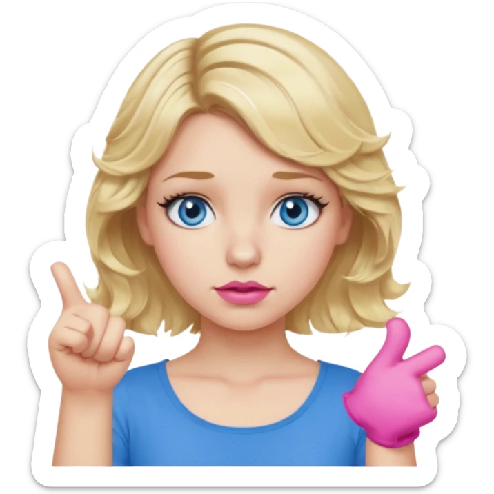 Girl Blonde short wavy hair,  blue eyes, cute blue top, long lashes, pink lips, thumbs down  sticker