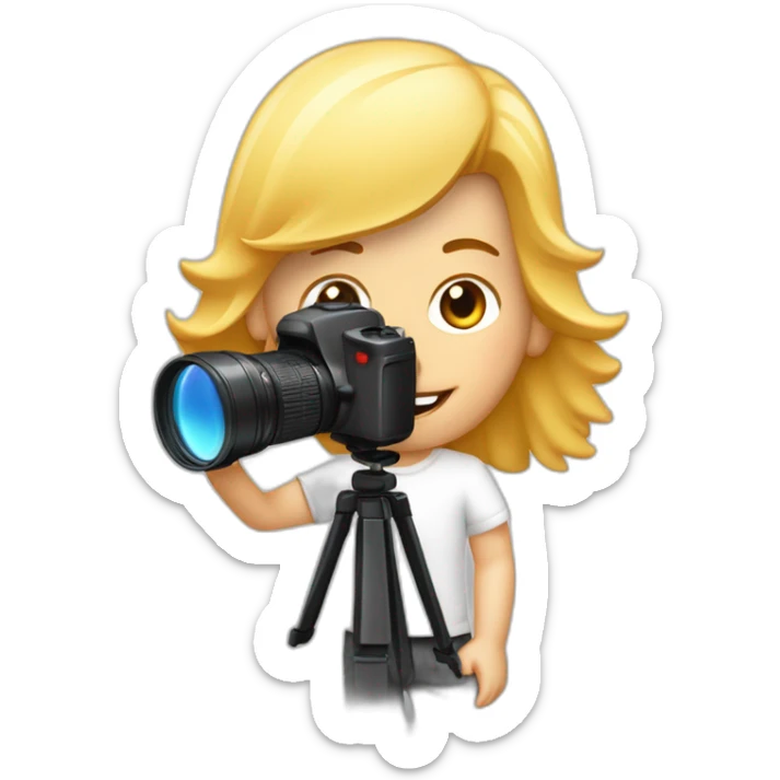 Paparazzi blanco de pelo rojo rizado y corto con su cámara tomando foto sticker