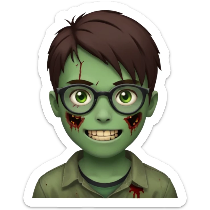 Zombie emo boy, green skin and brown hair and brown eyes, black glasses and a scary smile with a cut on the side, scars and blood under eyes sticker