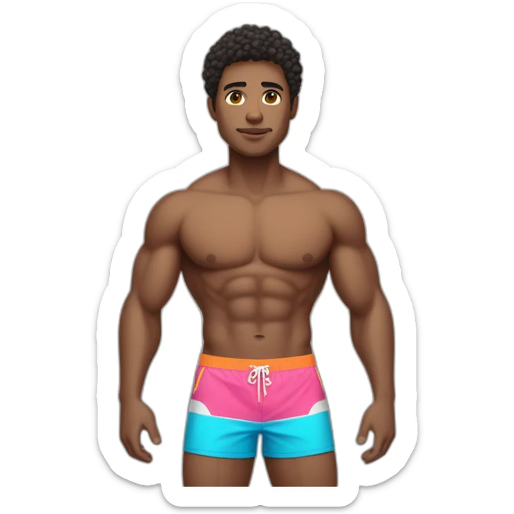 man with full athletic body in swim trunks, light skin and dark combed hair doing a pose sticker