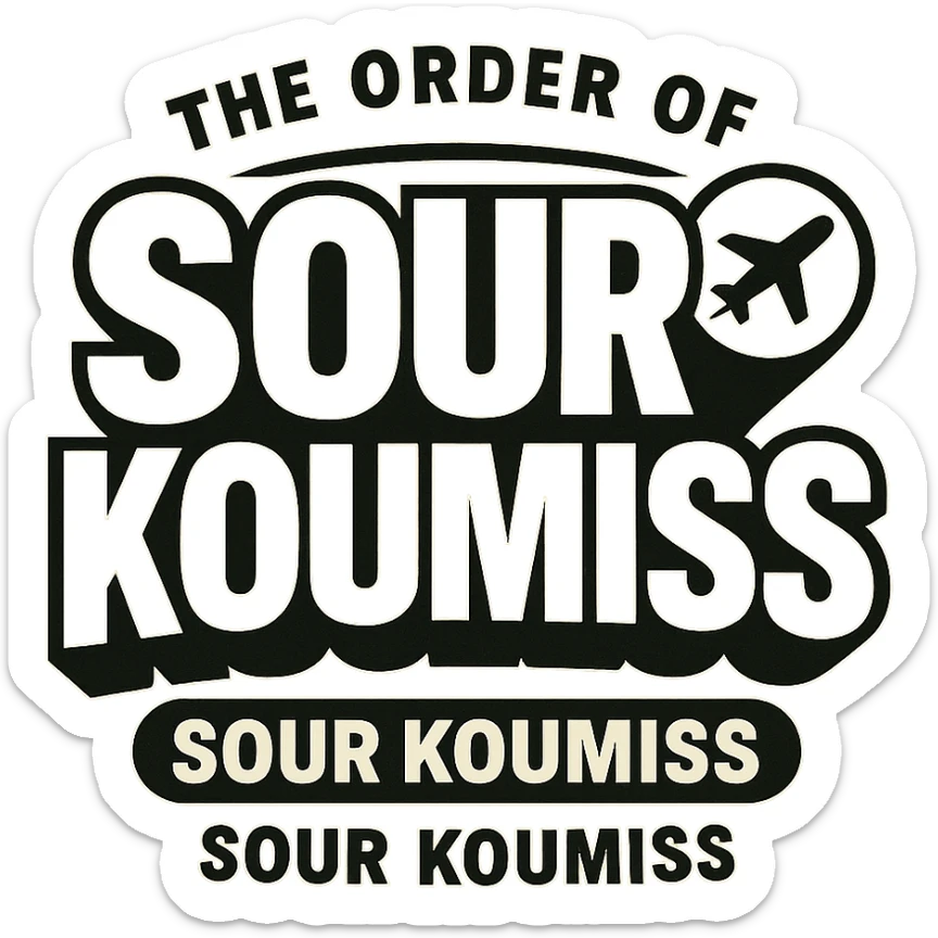 A retro 90s logo for 'The Order of Sour Koumiss' with bold typography and a subtle travel-related icon, in black and white sticker