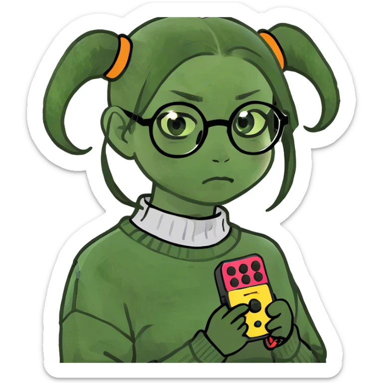 a half Japanese girlie with glasses holding buzzers and part of her head shaved. She has concepts of a psychotic break. sticker