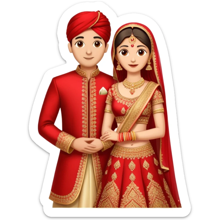 Indian married couple in traditional wedding attire, bride in red and gold wedding lehenga or saree, groom in sherwani, both with fair skin, groom is clean shaven sticker