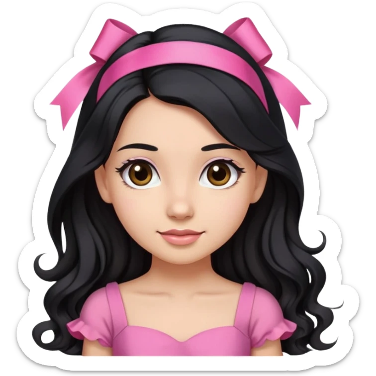 Beautiful girl with long black hair in a half-up half-down hairstyle with pink ribbon tying the top half, waves at the ends, brown eyes, light skin, slight smile, and pink dress sticker